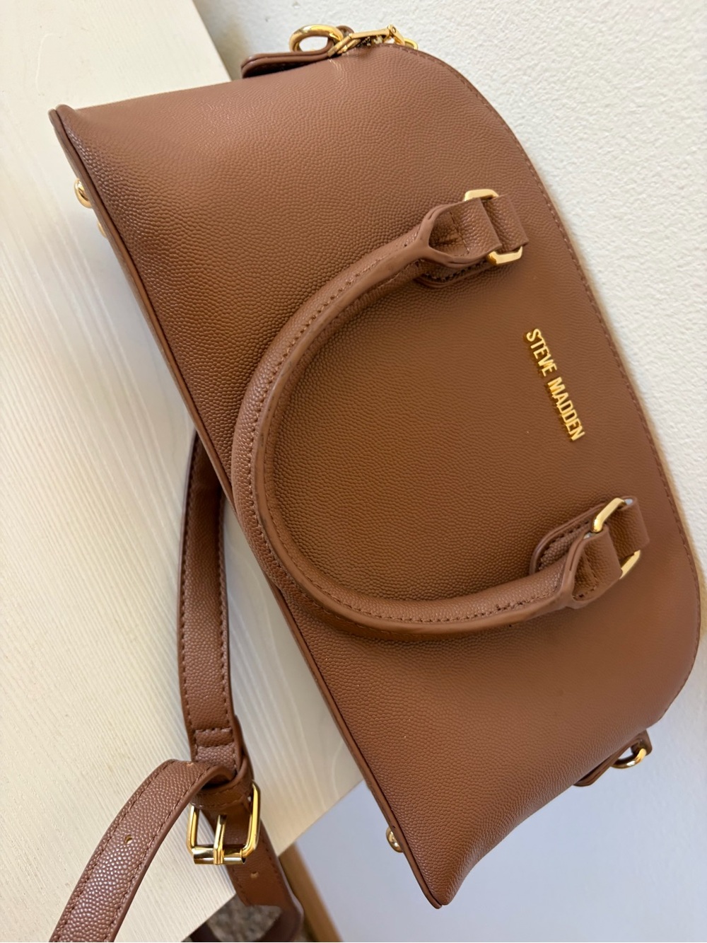 Steve Madden Tan Brown Dome Satchel with Gold Hardware